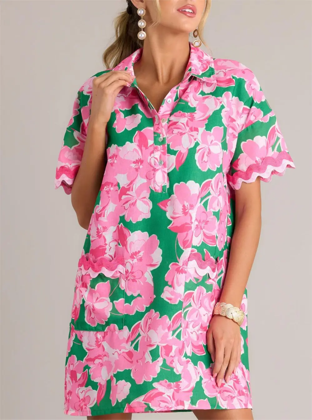 SEASIDE SERENITY GREEN MULTI FLORAL MINI SHIRT DRESS