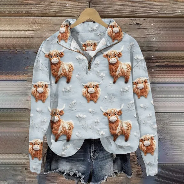 Highland Cow Print Zippered Long Sleeved Sweatshirt