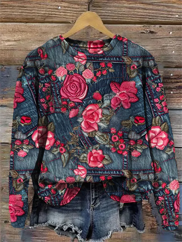 Valentine's Day Jeans Rose Art Pattern Sweatshirt