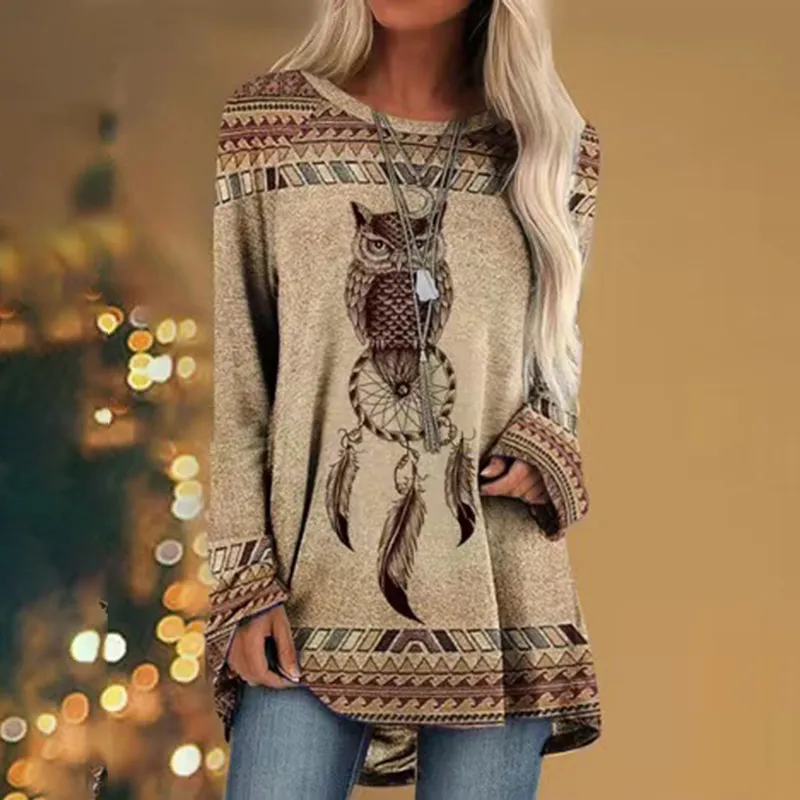 Printed Round Neck Western Style Raglan Sleeve Loose Tunic