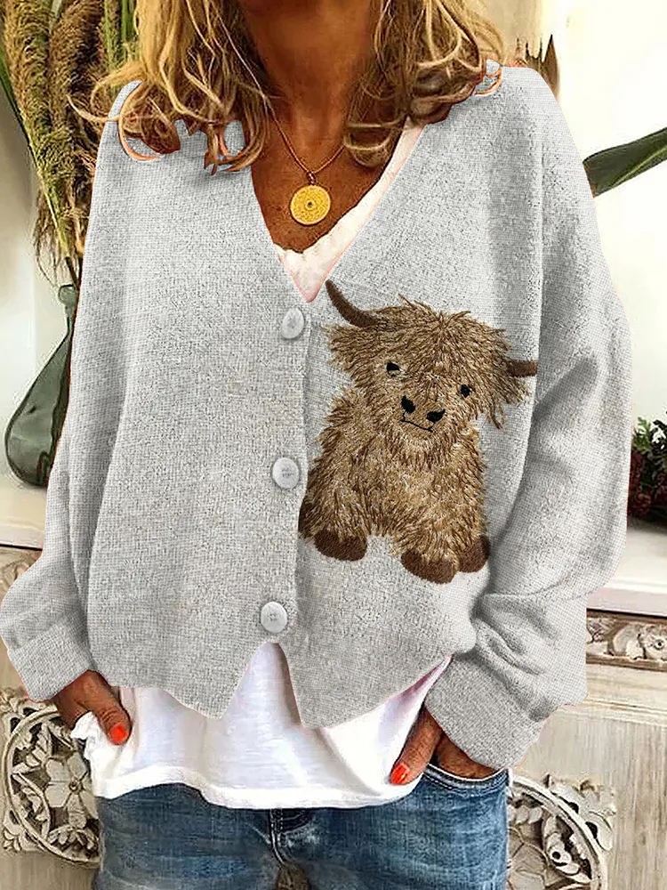 Highland Cow Print V-Neck Long Sleeved Knitted Cardigan