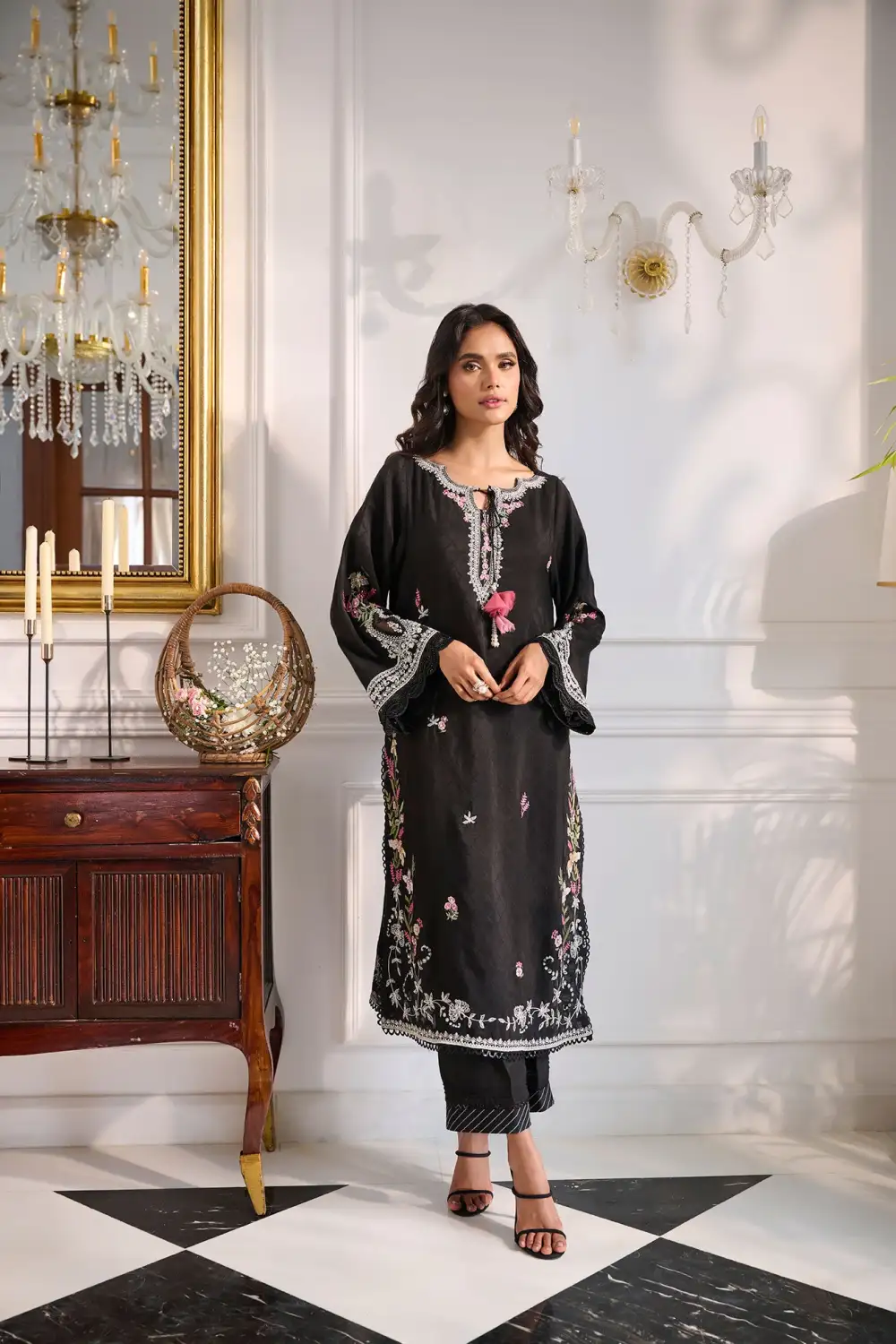 BLACK 3PCS  EMBROIDERED KURTA WITH TROUSER