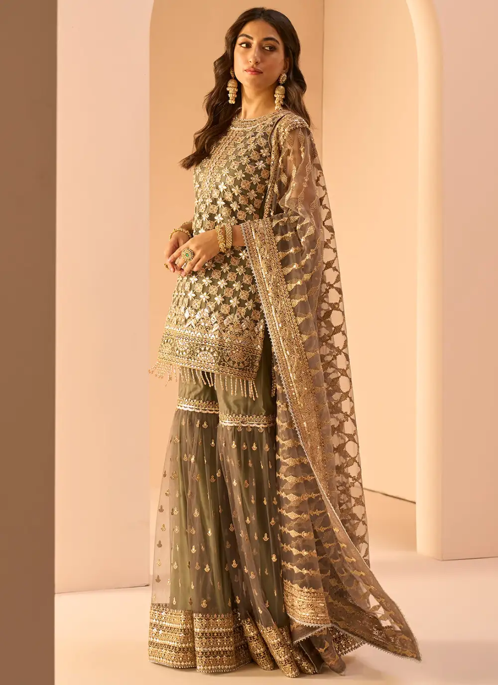 Dark Grey Embroidered Gharara Suit