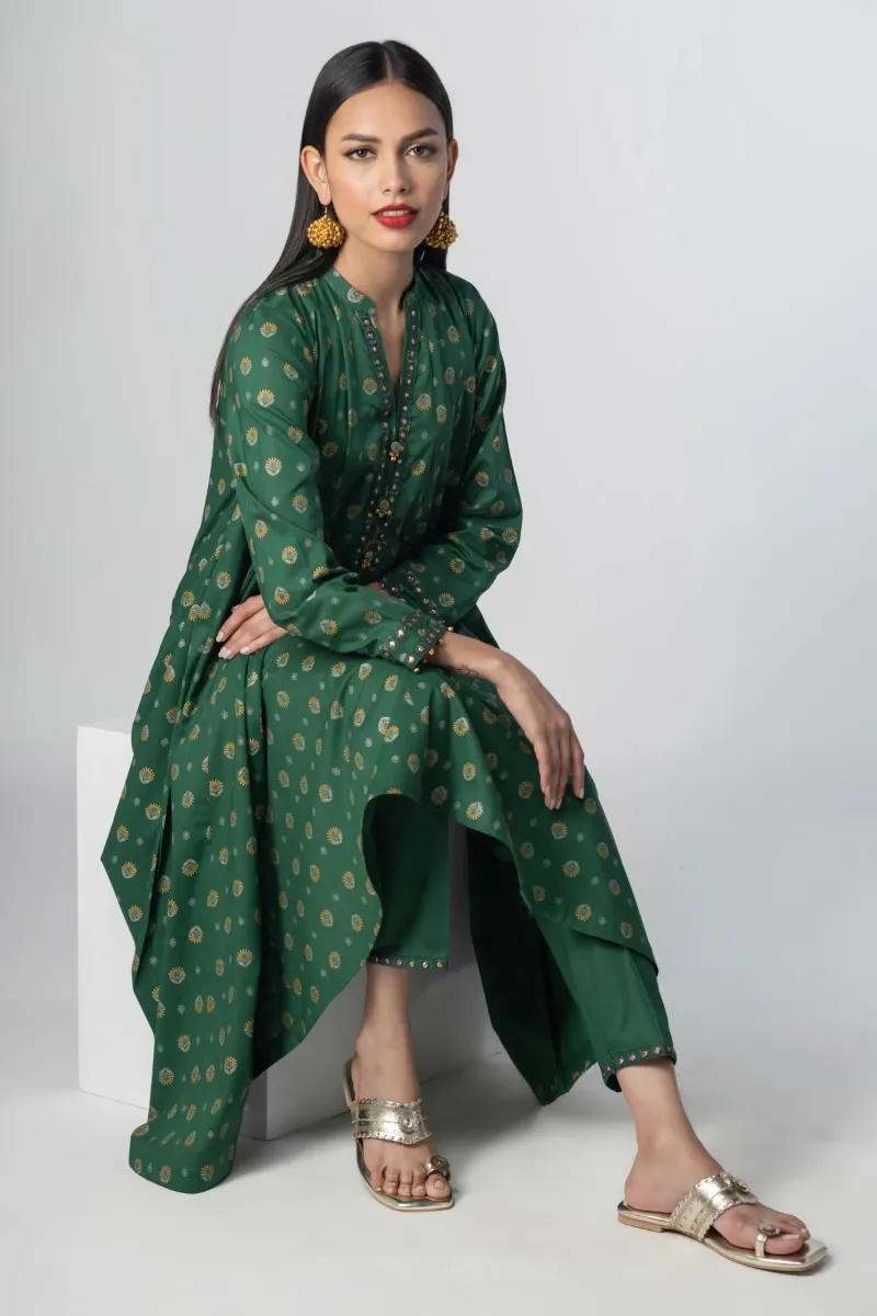 2 Piece Kurta | Embroidered & Pants Dark Green