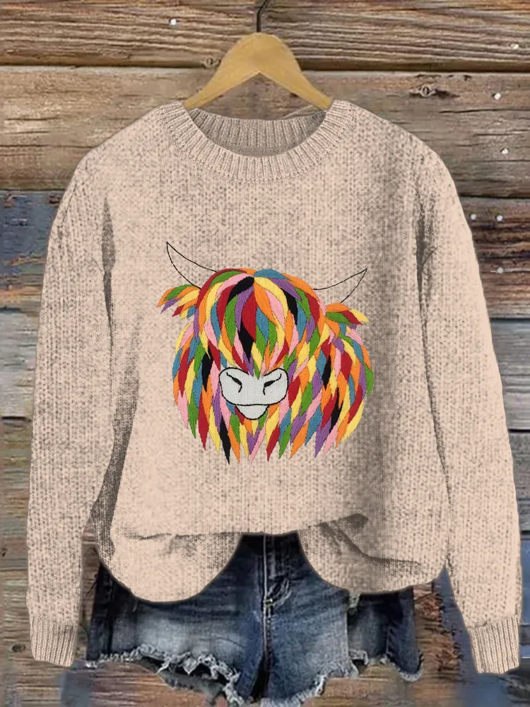 Colorful Cow Embroidery Pattern Crew Neck Sweater