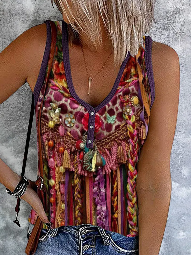 Western Tribal Leopard Print Button Up Casual Tank Top