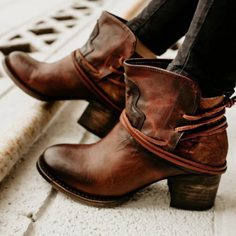 Vintage Paneled Chunky Heel Ankle Boots