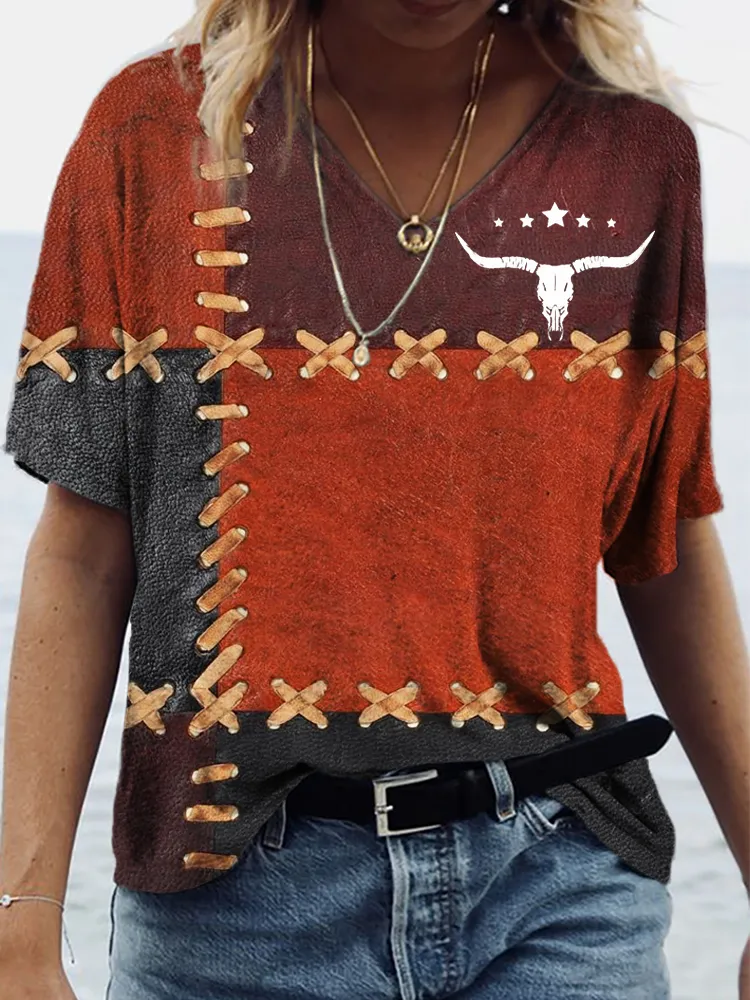 Western Bull Skull Leather Patchwork Art V Neck T Shirt