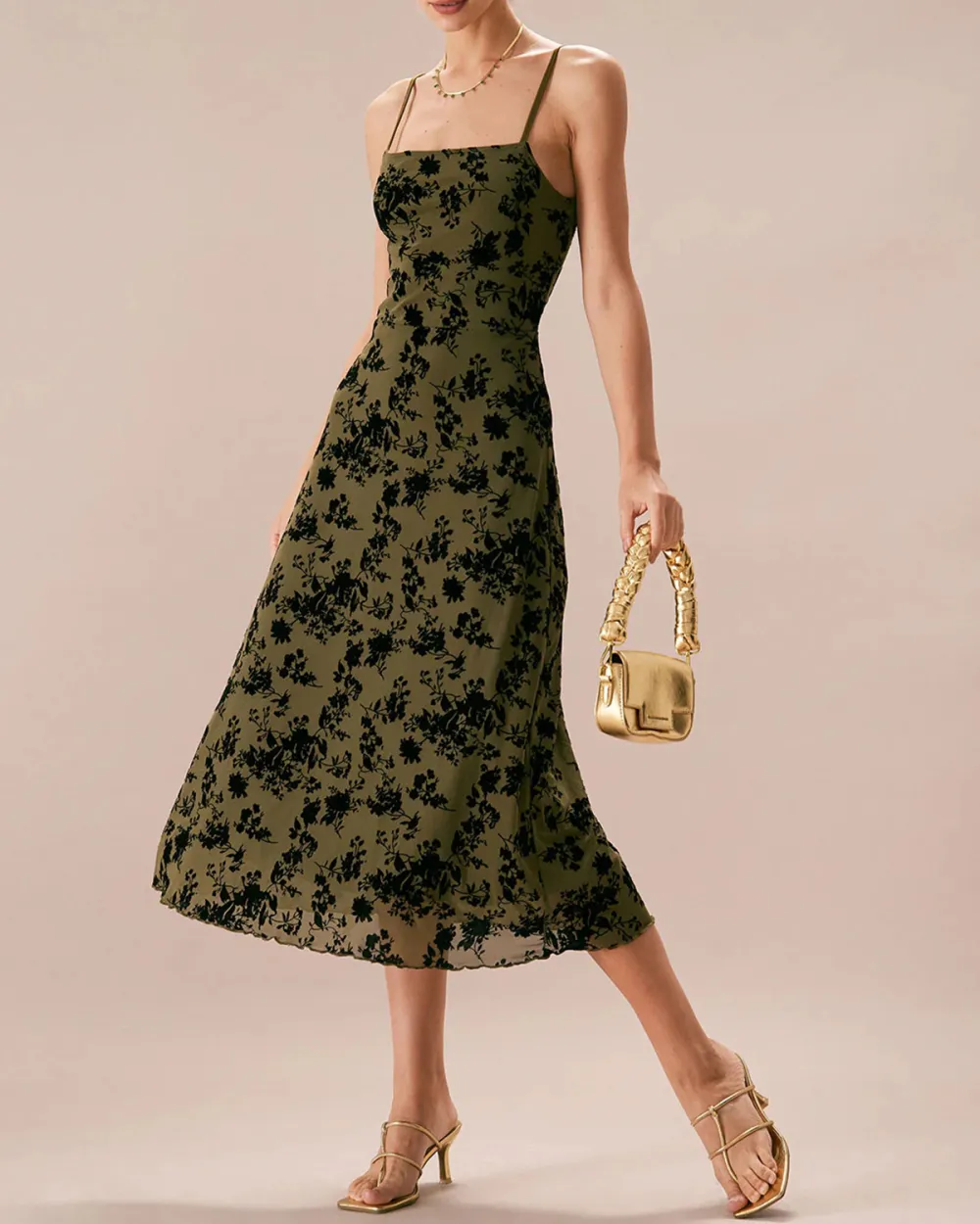 Army Green Vintage Print Sling Dress