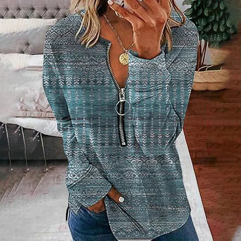 V-Neck Zip-Up Vintage Print Casual Sweatshirt