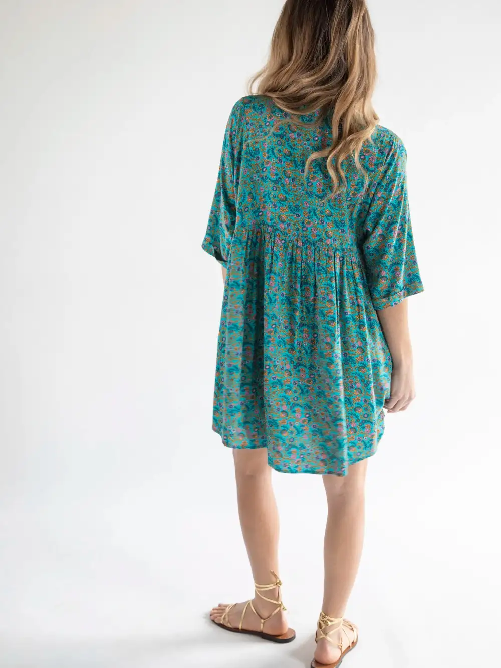 Stella V-Neck Mini Dress - Turquoise Ditsy Vines