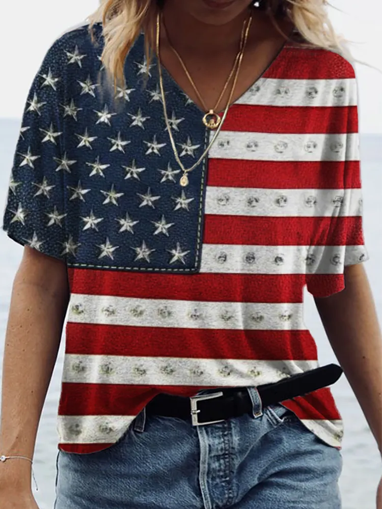 American Flag Inspired Leather Art V Neck T Shirt