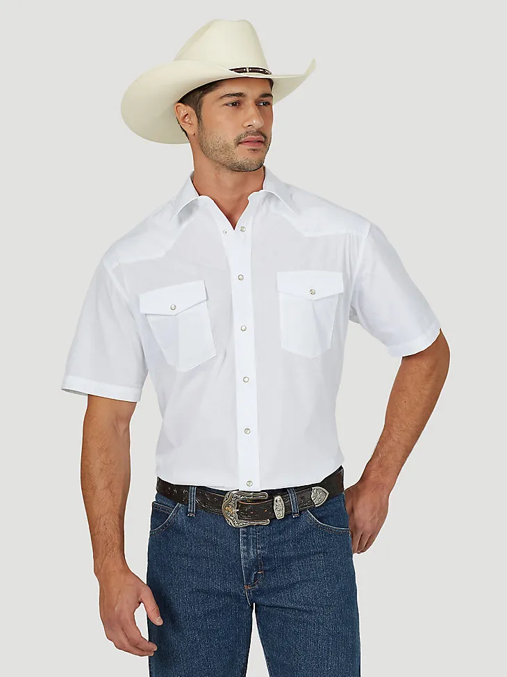 MEN'S WRANGLER® SHORT SLEEVE SOLID WESTERN SNAP SPORT SHIRT IN WHITE