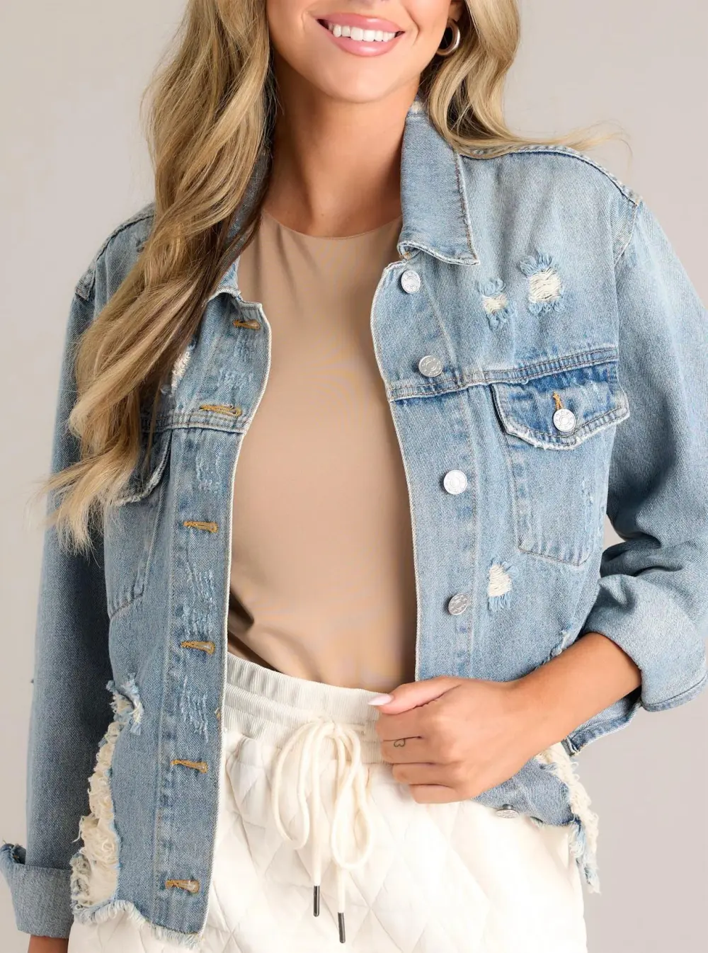 DARING IN THIS MEDIUM WASH DISTRESSED DENIM JACKET