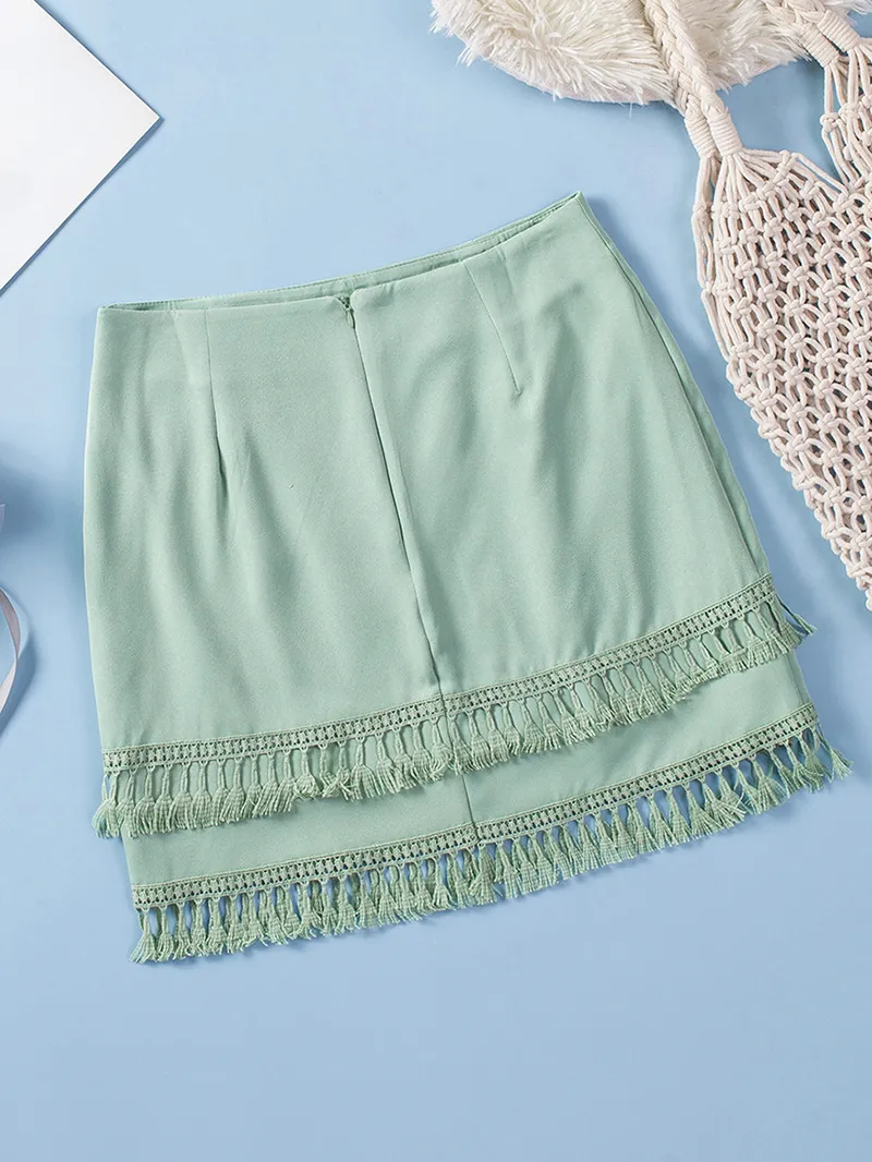 TIERED TASSEL ZIP-UP HIGH WAIST MINI SKIRT