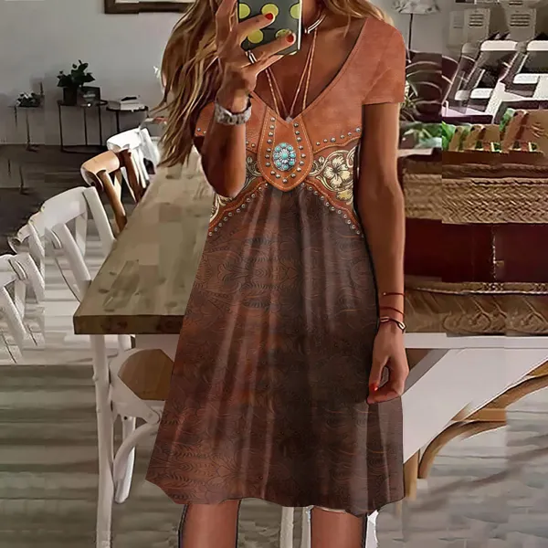 Western Tribal Print Color Block V Neck Midi Dress