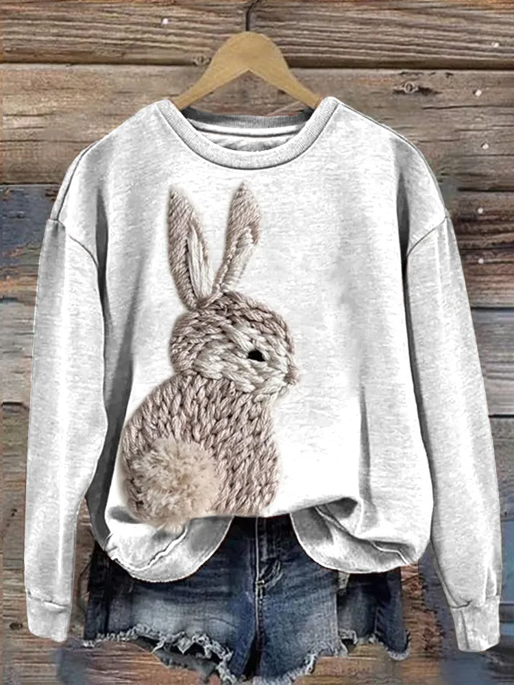 Cute Bunny Embroidery Art Casual Cozy Vintage Sweatshirt