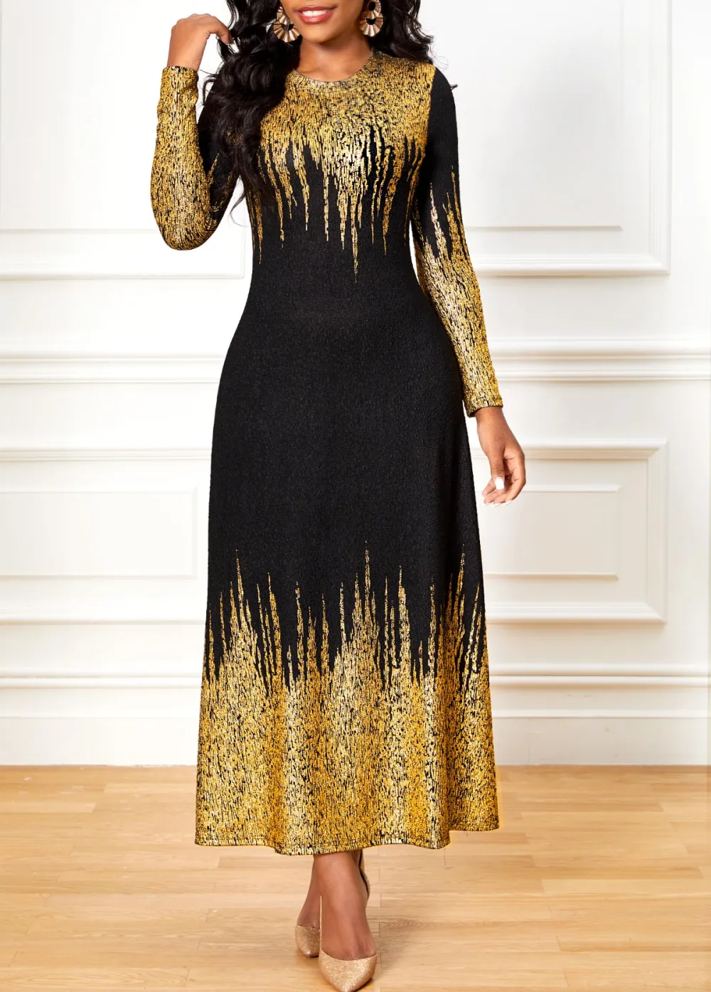 Black Ombre Hot Stamping Round Neck Dress