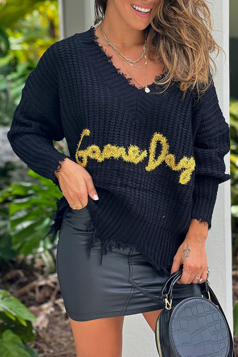 Black V Neck Frayed Game Day Sweater