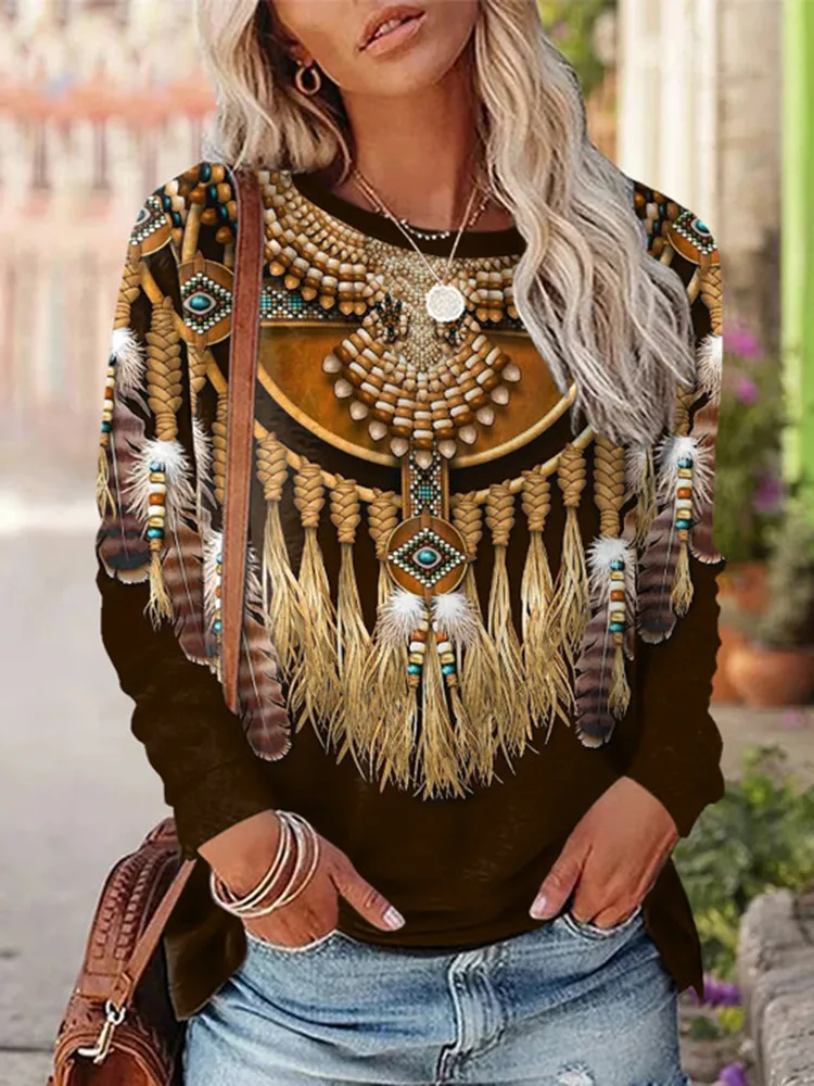 Western Print Round Neck Long Sleeve T-Shirt