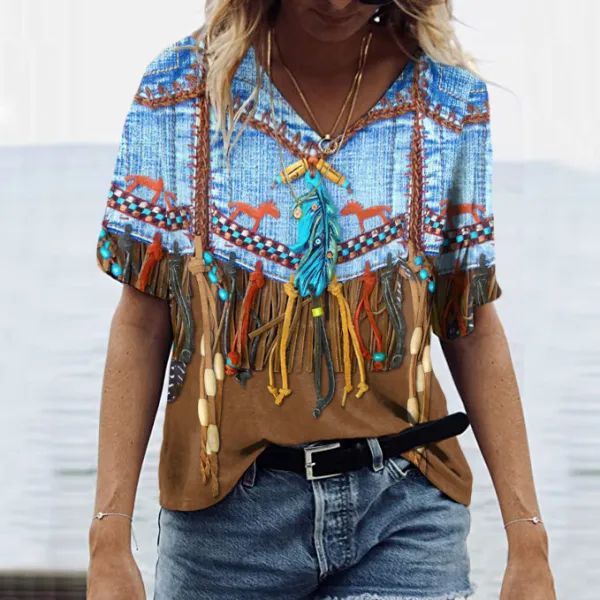 Vintage Western Fringed Denim Print Short Sleeve T-Shirt