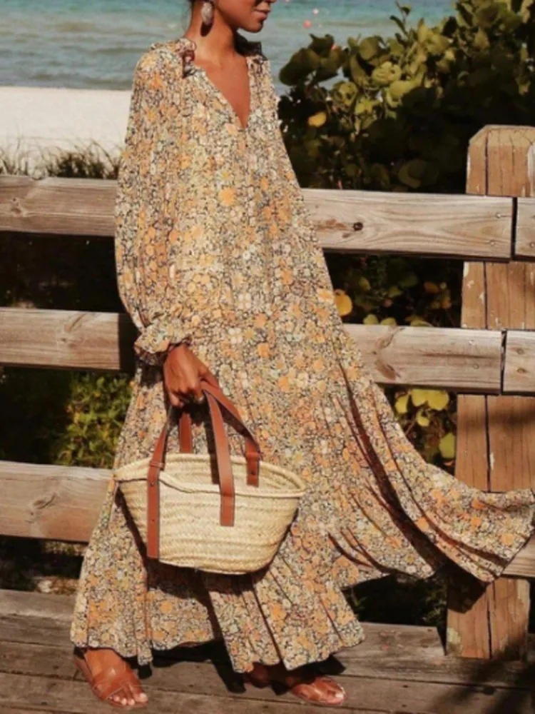 Floral Bohemian V Neck Long Sleeve Maxi Dress