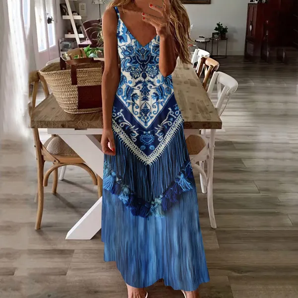 Western Ethnic Fringed Print V-Neck Sleeveless Maxi Dress