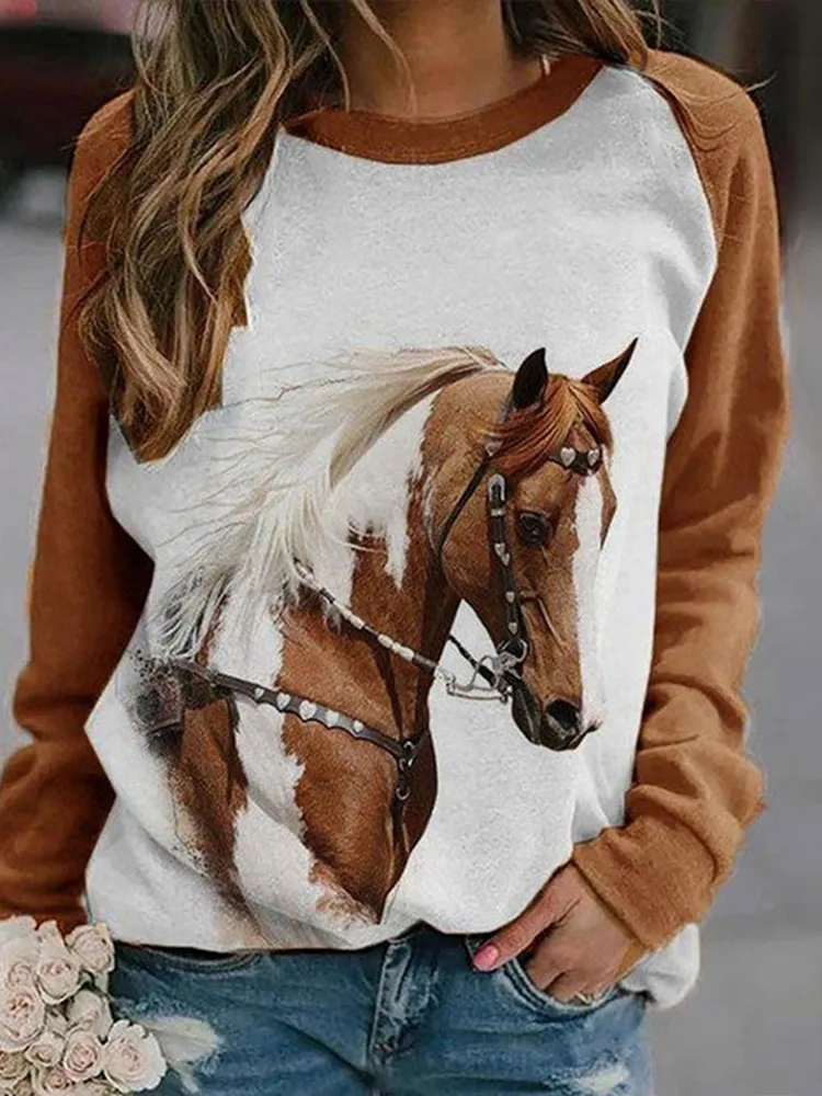 Western Horse Print Panel Crewneck Sweatshirt