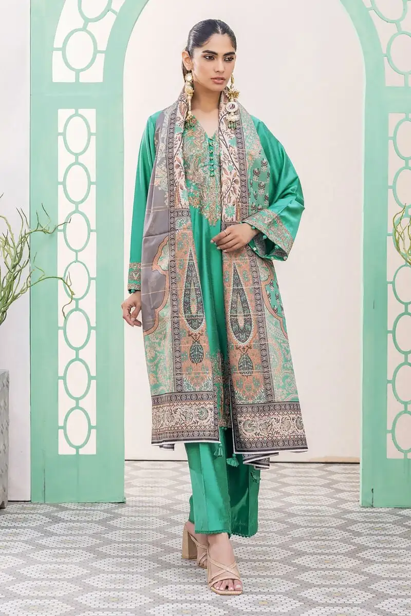 3 Piece Kurta Embroidered | Dupatta& Bottom & Tops | Color green