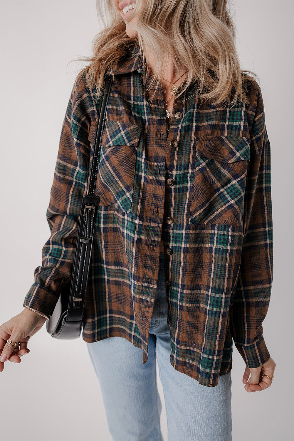 Brown Plaid Print Chest Pockets Buttoned Shirt Jacket