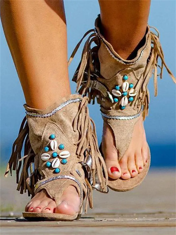 Turquoise & Shell Embellished Tassels Sandals