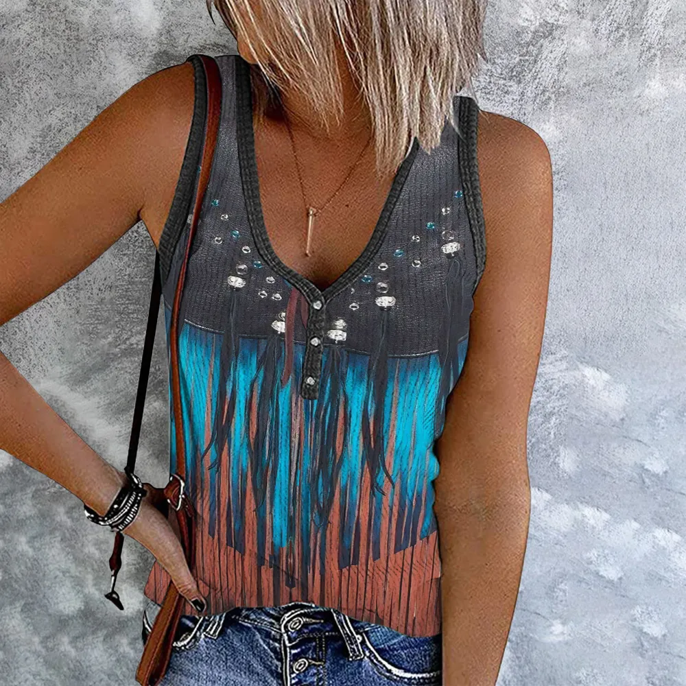 Vintage Western Tassel Print V-Neck Tank Top