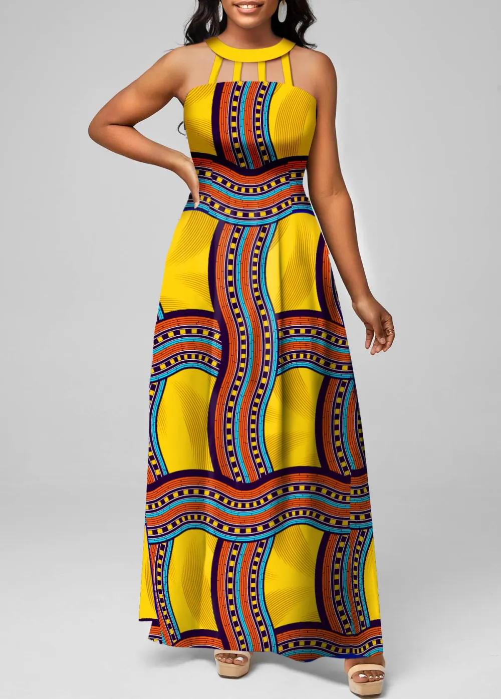 Tribal Print Cage Neck Royal Blue Maxi Dress