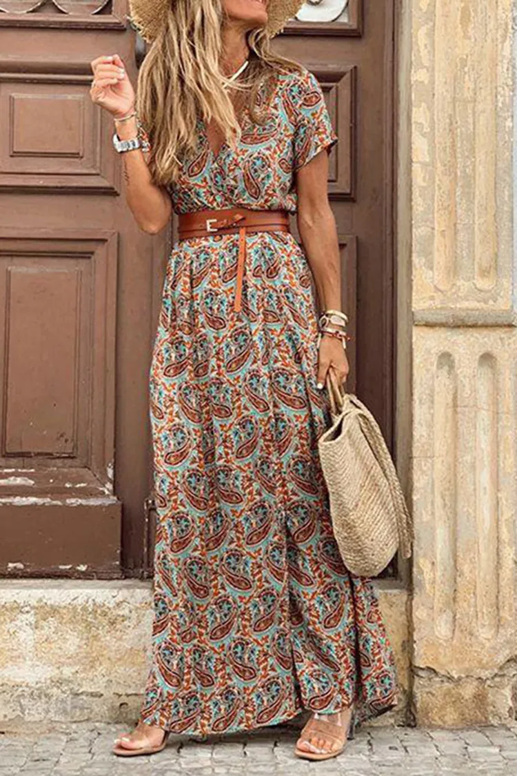 Short Sleeve V-Neck Print Maxi Dress