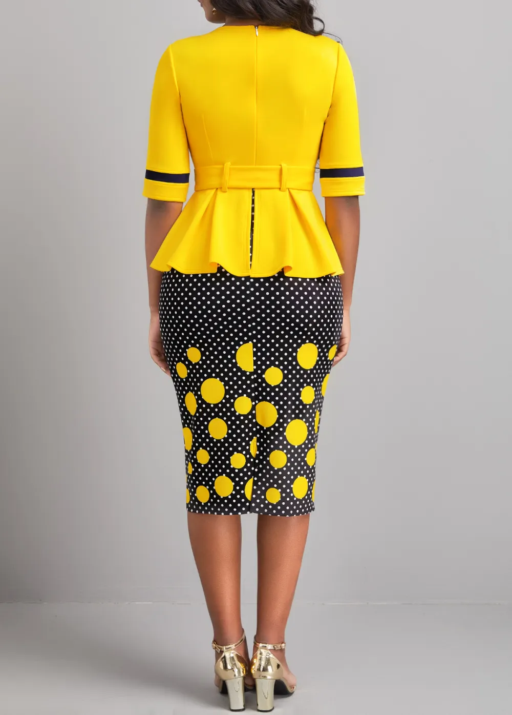 Polka Dot Patchwork Belted Yellow Bodycon Dress