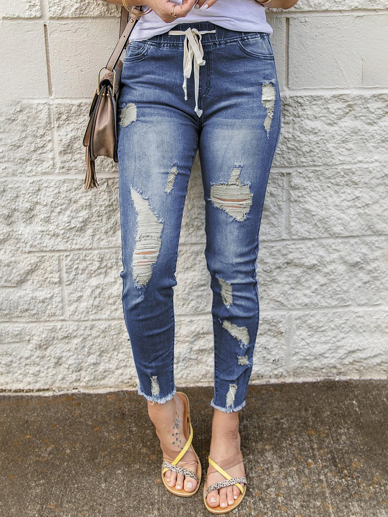 Women's vintage ripped drawstring jeans