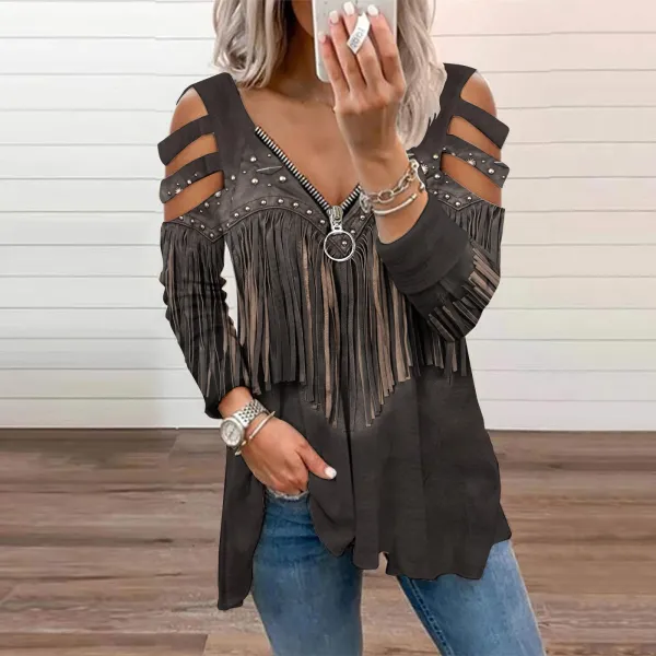 Western Fringed Print Off-The-Shoulder Long Sleeved T-Shirt