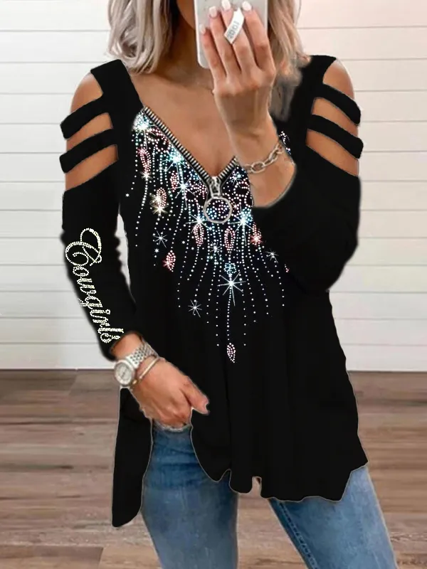 Western Cowgirls Print Cutout Shoulder Zip T Shirt