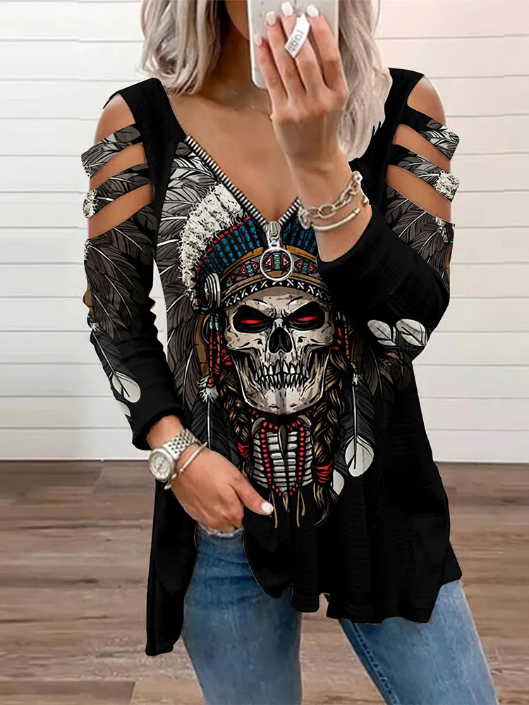 Western Tribal Skull Feather Printed Hollow Out Zip T-Shirt