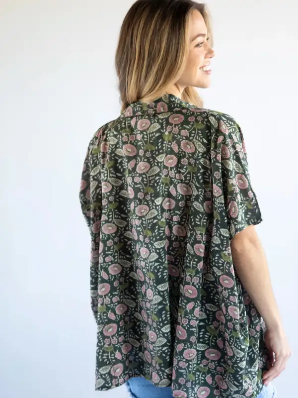 Kelly Oversized Cotton Button Down - Dark Green Pink Floral Vines