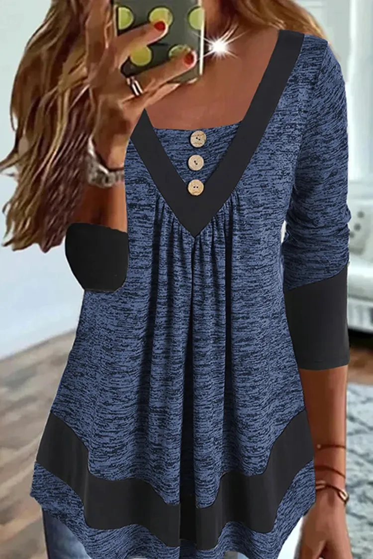 Paneled Long Sleeve Loose Casual T-Shirt