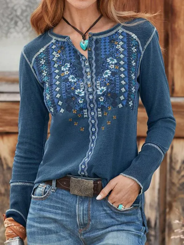 Western Tribal Printed Open Line V Neck Long Sleeve T-Shirt