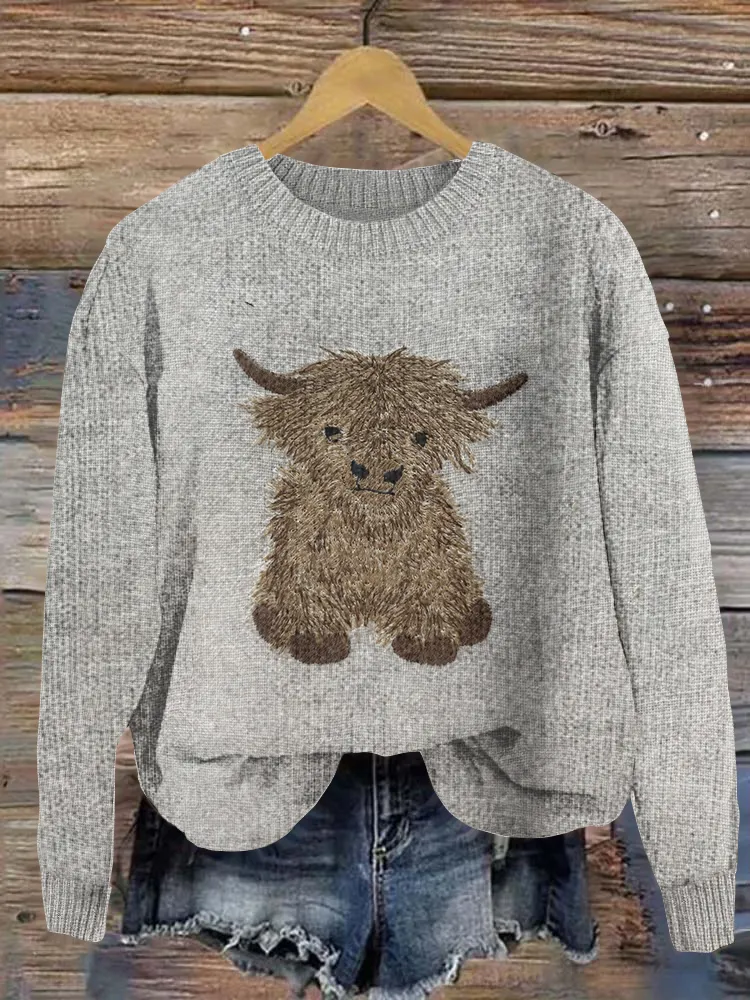 Highland Cow Embroidered Printed Knitted Sweater