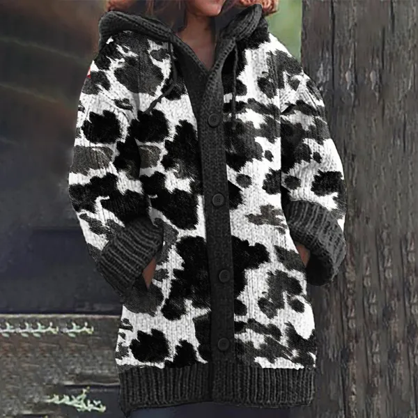 Western Cowhide Printed Knitted Hooded Cardigan