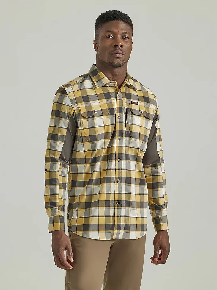 ATG BY WRANGLER™ PLAID MIXED MATERIAL SHIRT IN TRAVERTINE