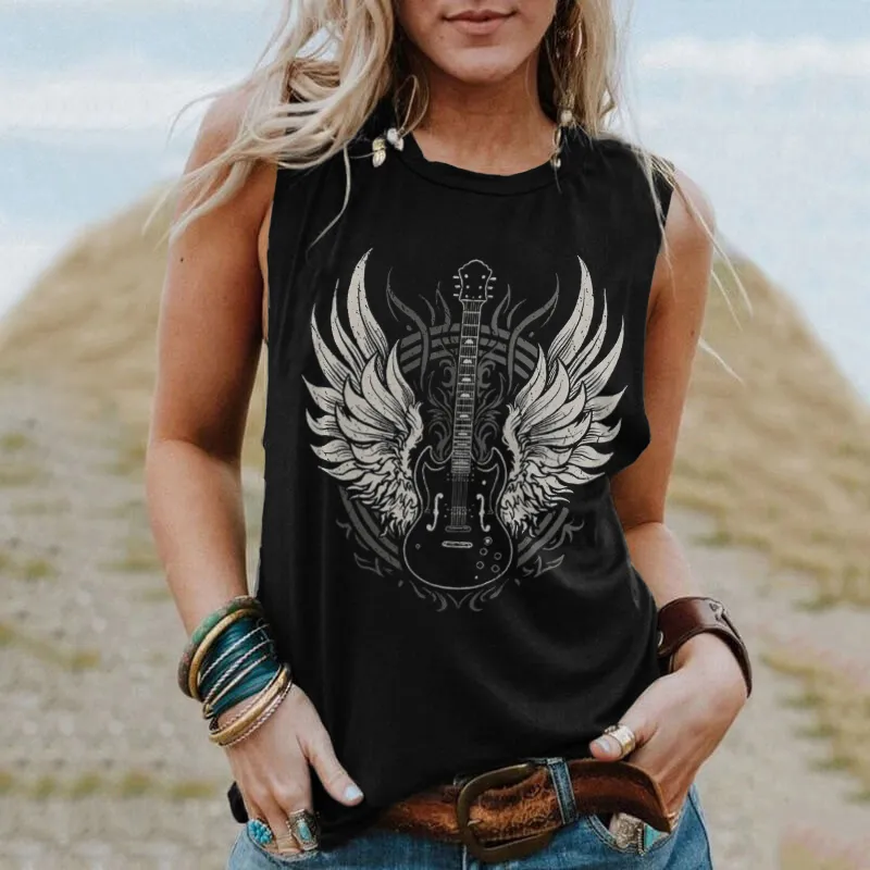 Wings Guitar Print Sleeveless Tank Top