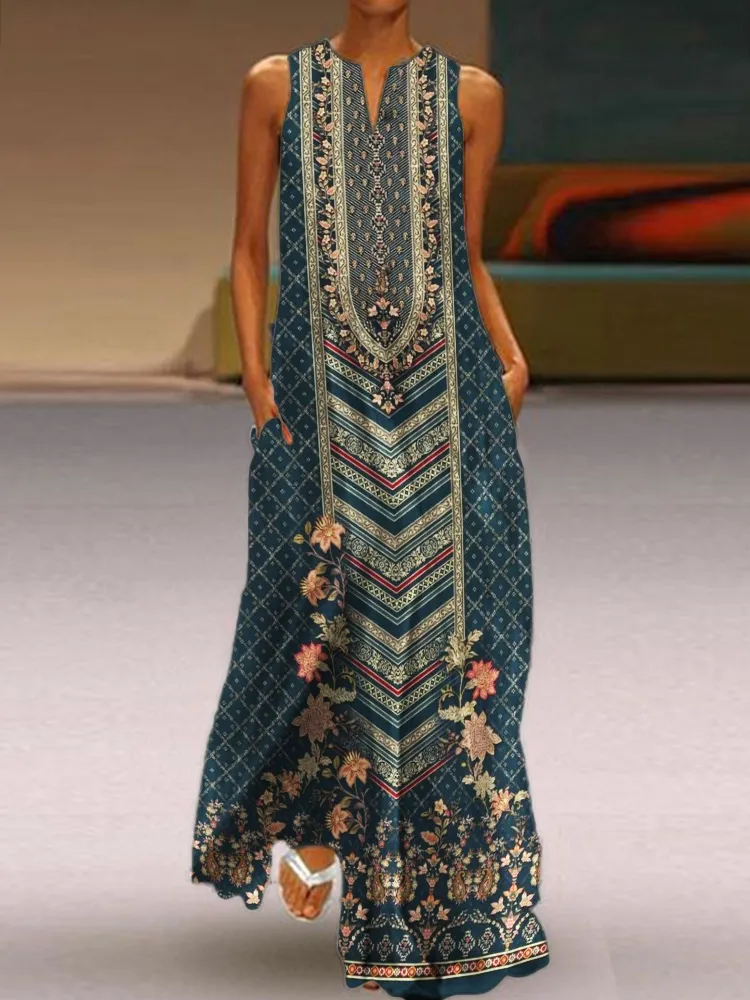 Ethnic Floral Pattern Notch Neck Flowy Maxi Dress