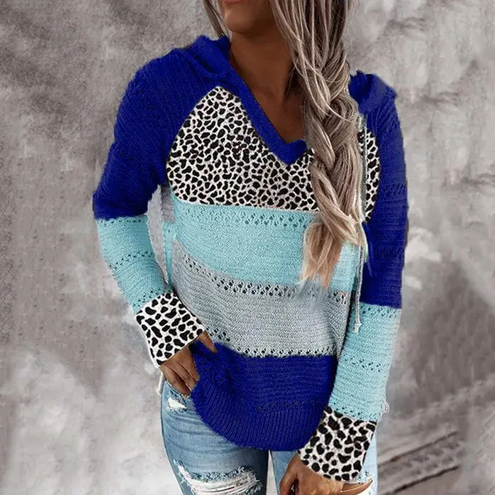 Fashion Hooded Leopard Stitched Knit Sweater