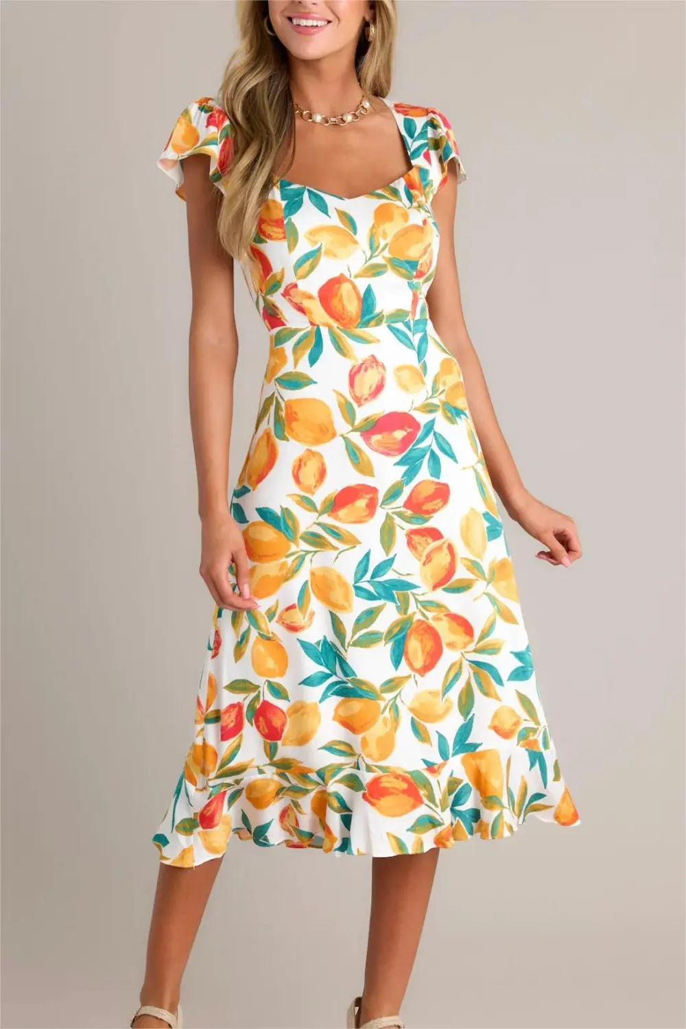 SUNSHINE & BLISS IVORY MULTI CITRUS PRINT MIDI DRESS