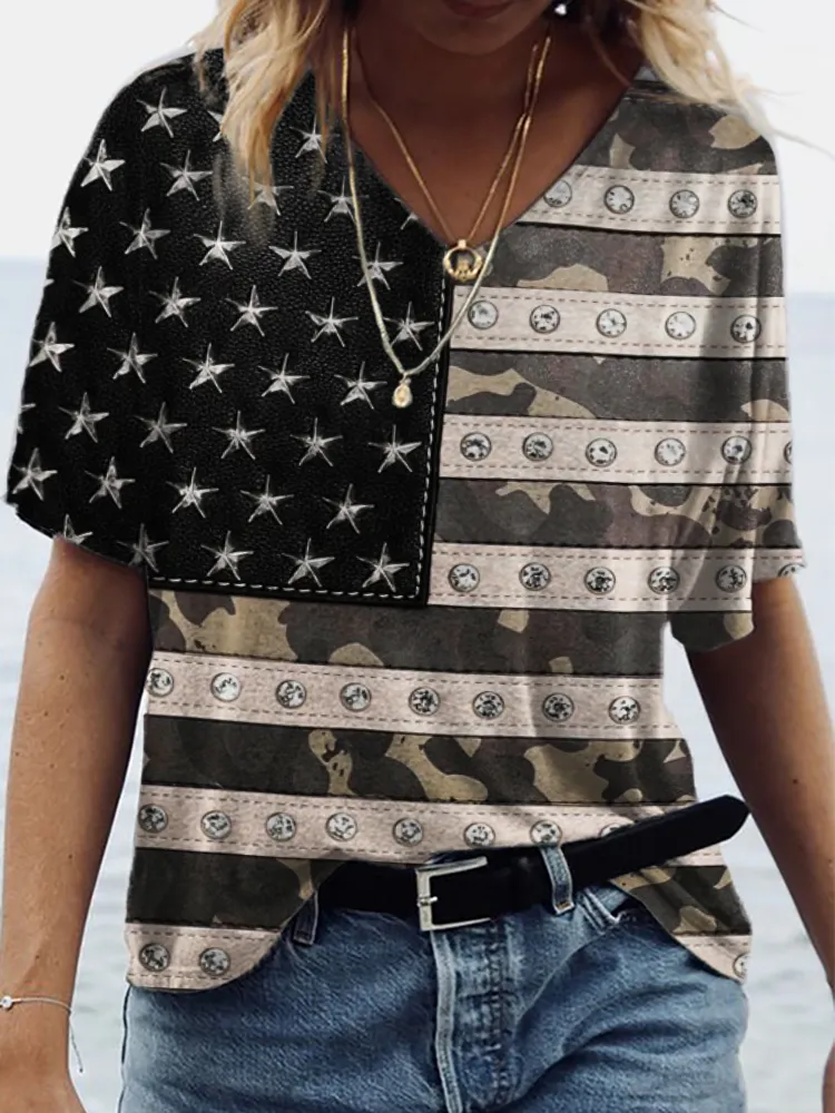 American Flag Inspired Leather Art V Neck T Shirt